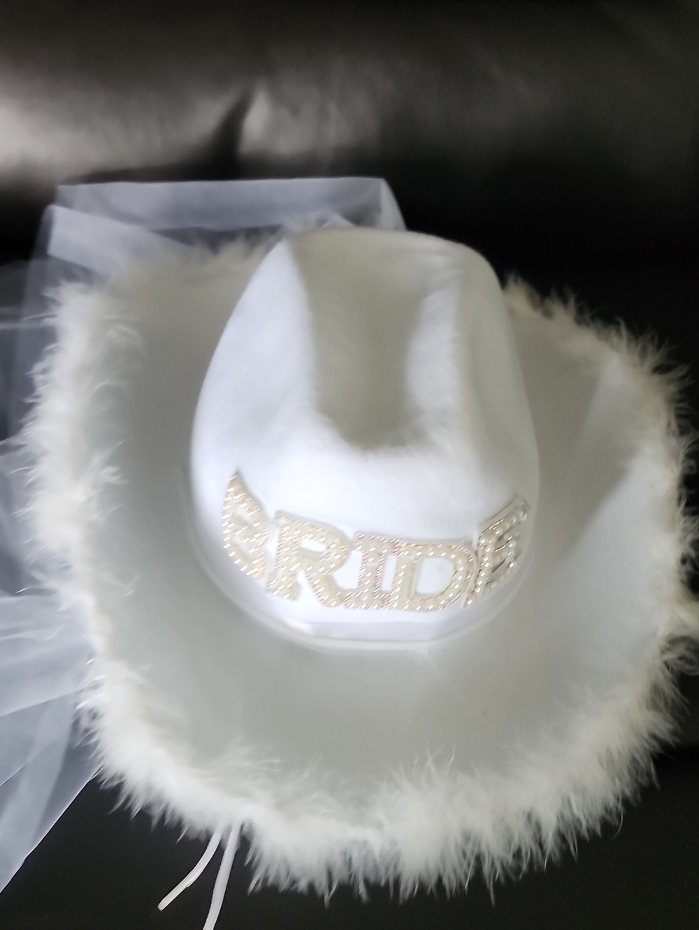 White Bridal Cowgirl Hat with Feather Trim and Pearl BRIDE Accent